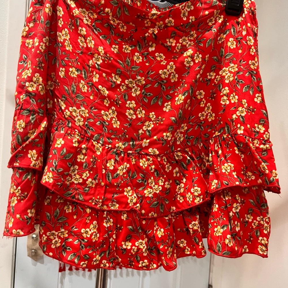 Super Cute Flirty Red Floral Ruffled Mini Skirt